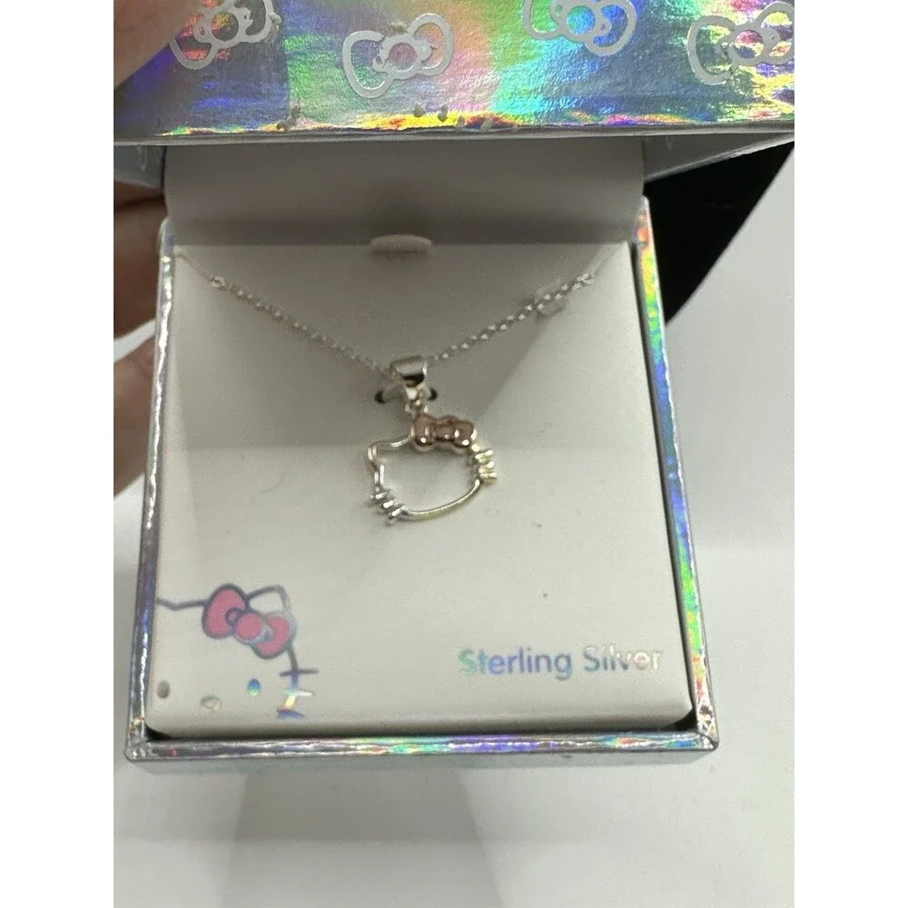 Hello Kitty Sterling Silver Crystals Pink Bow Necklace New In Gift Box Sanrio